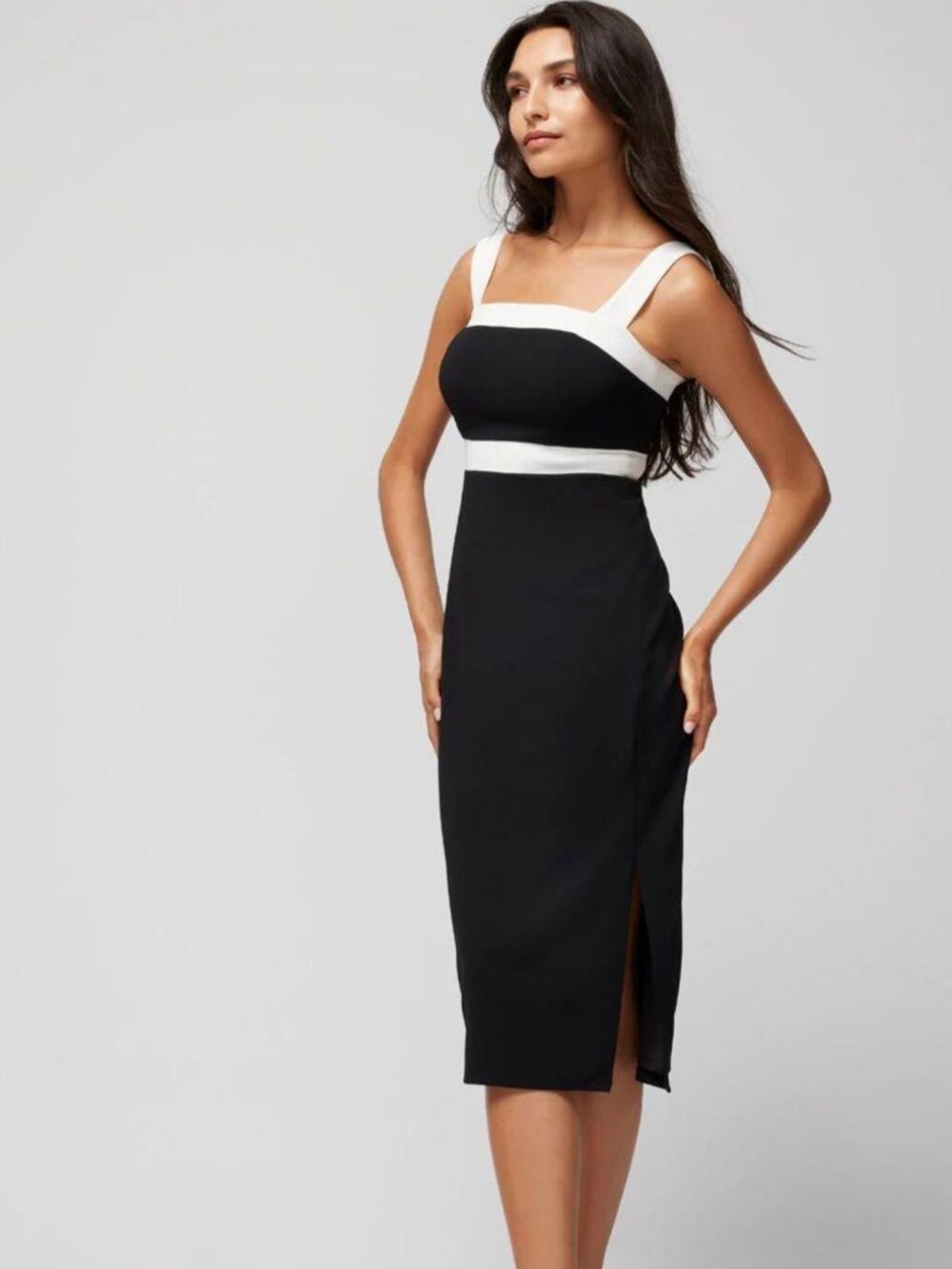 WHBM Square Neck Contrast Midi Dress Black White Size 8
